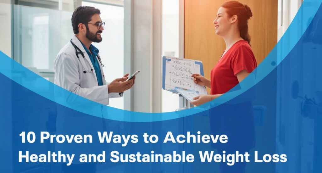 Healthy lifestyle choices for sustainable weight loss including balanced diet, exercise, hydration, and mindful eating habits