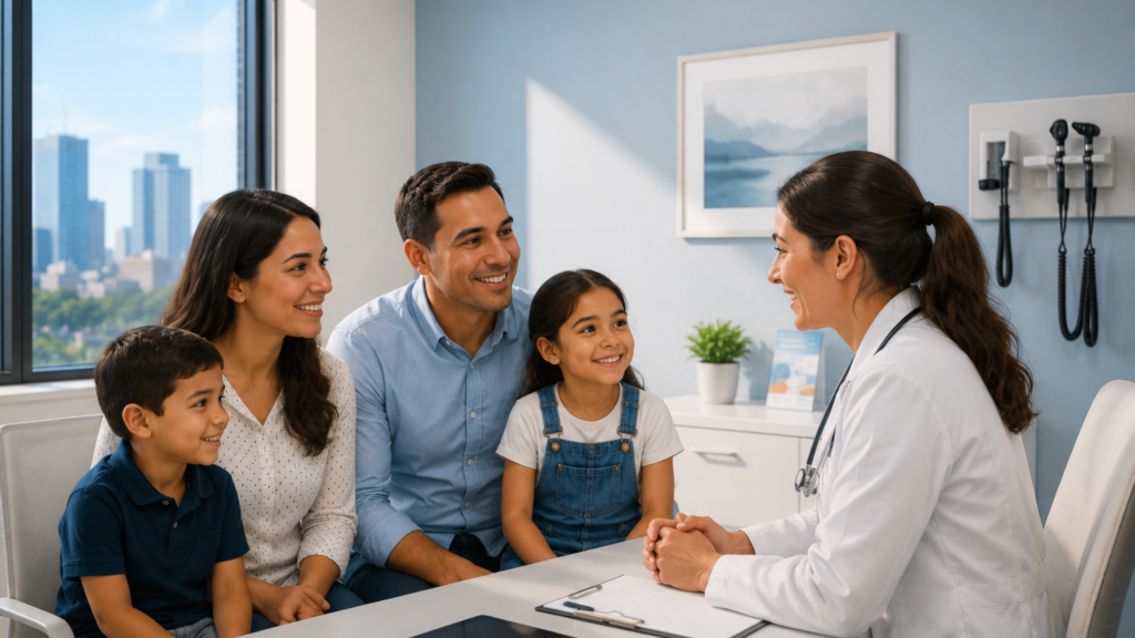 Family of four smiling and talking with a female doctor during a pediatric or family healthcare consultation in a bright clinic.