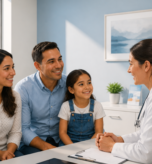 Family of four smiling and talking with a female doctor during a pediatric or family healthcare consultation in a bright clinic.