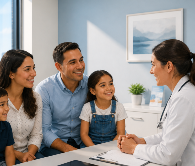 Family of four smiling and talking with a female doctor during a pediatric or family healthcare consultation in a bright clinic.