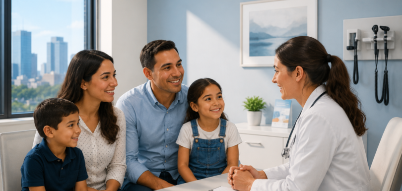 Family of four smiling and talking with a female doctor during a pediatric or family healthcare consultation in a bright clinic.