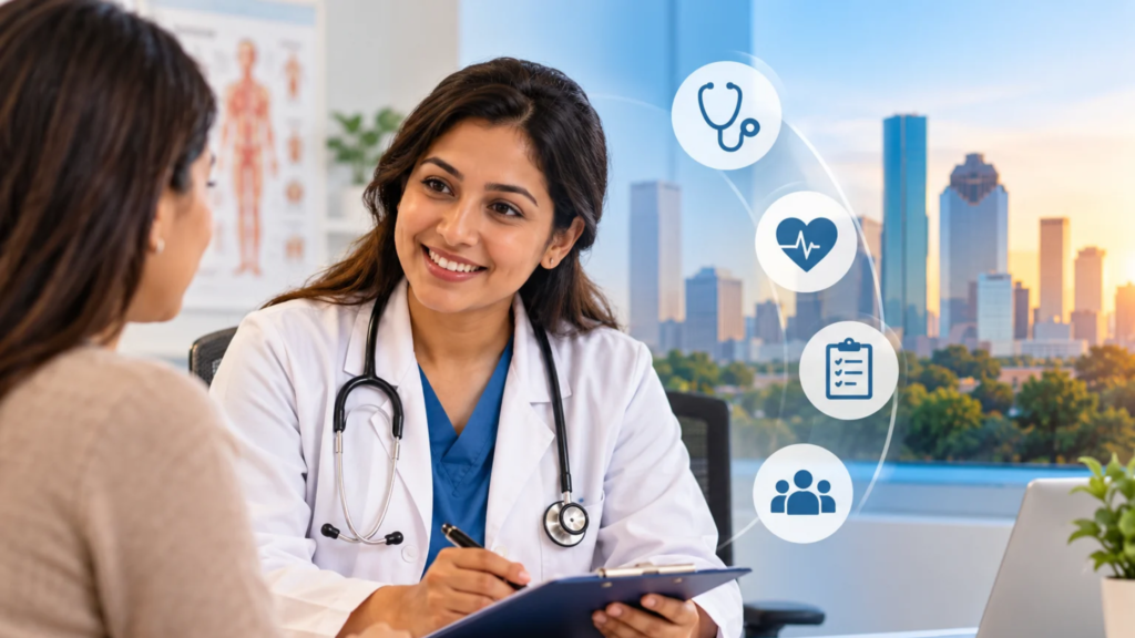 Primary care physician discussing preventive healthcare with a patient at a Houston medical clinic