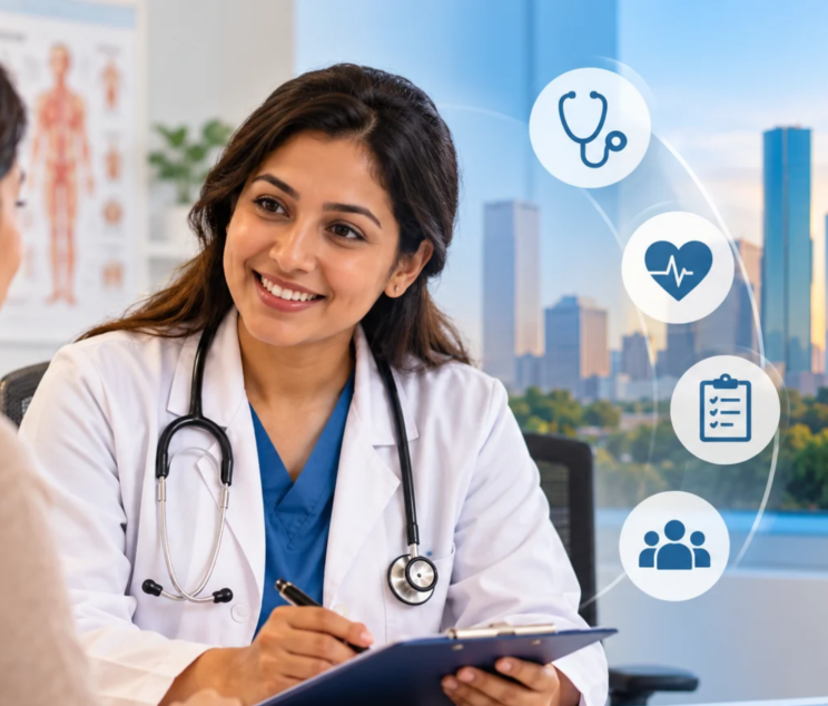 Primary care physician discussing preventive healthcare with a patient at a Houston medical clinic